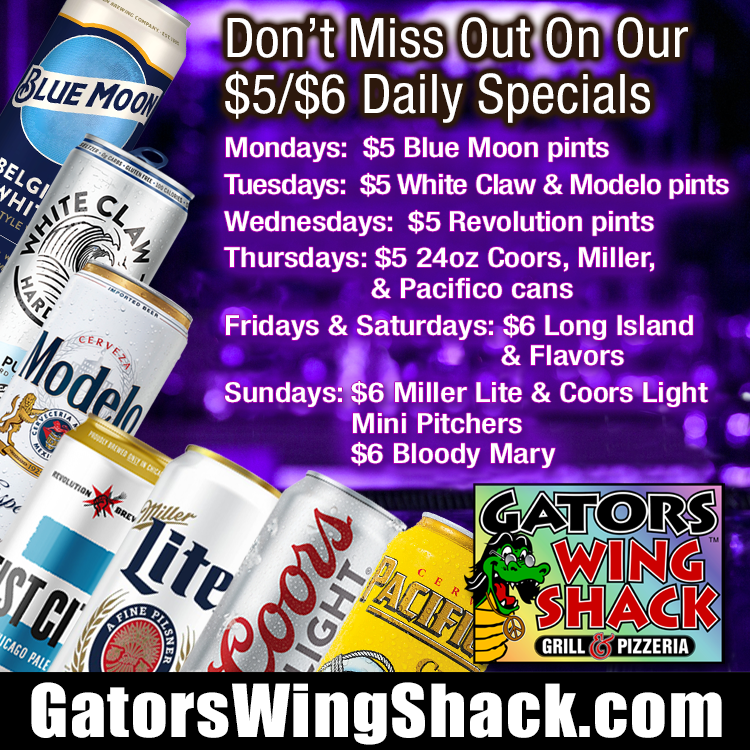 Don't Miss Gators Wing Shack's $5 and $6 Daily Drink Specials